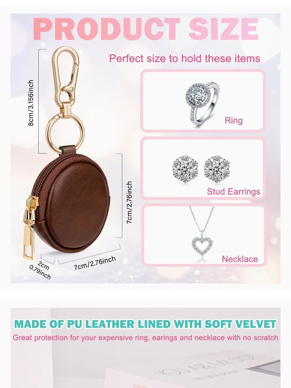 Brown PU Leather Jewelry Travel Case Keychain